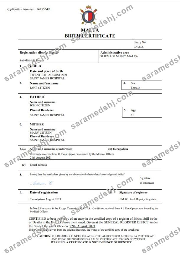 Malta birth certificate Word and PDF template